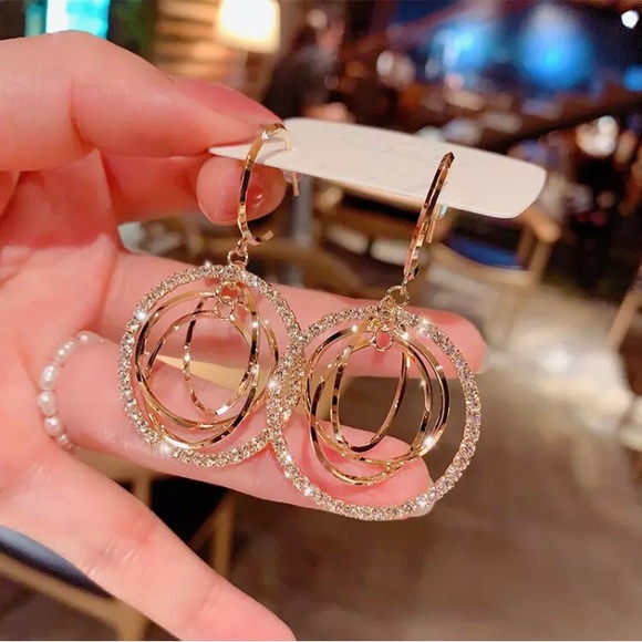 NEW 925 gold simulated Diamond Circle Multi Hoops Round Disco Earrings - Picture 3 of 5